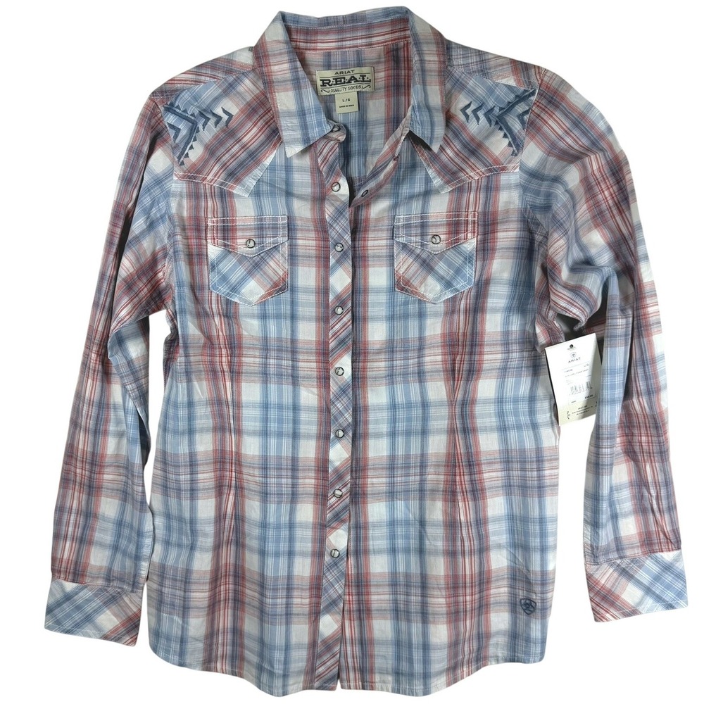 Ariat REAL Lovely Snap Shirt Womens L Plaid Western Southwestern Embroidered NEW